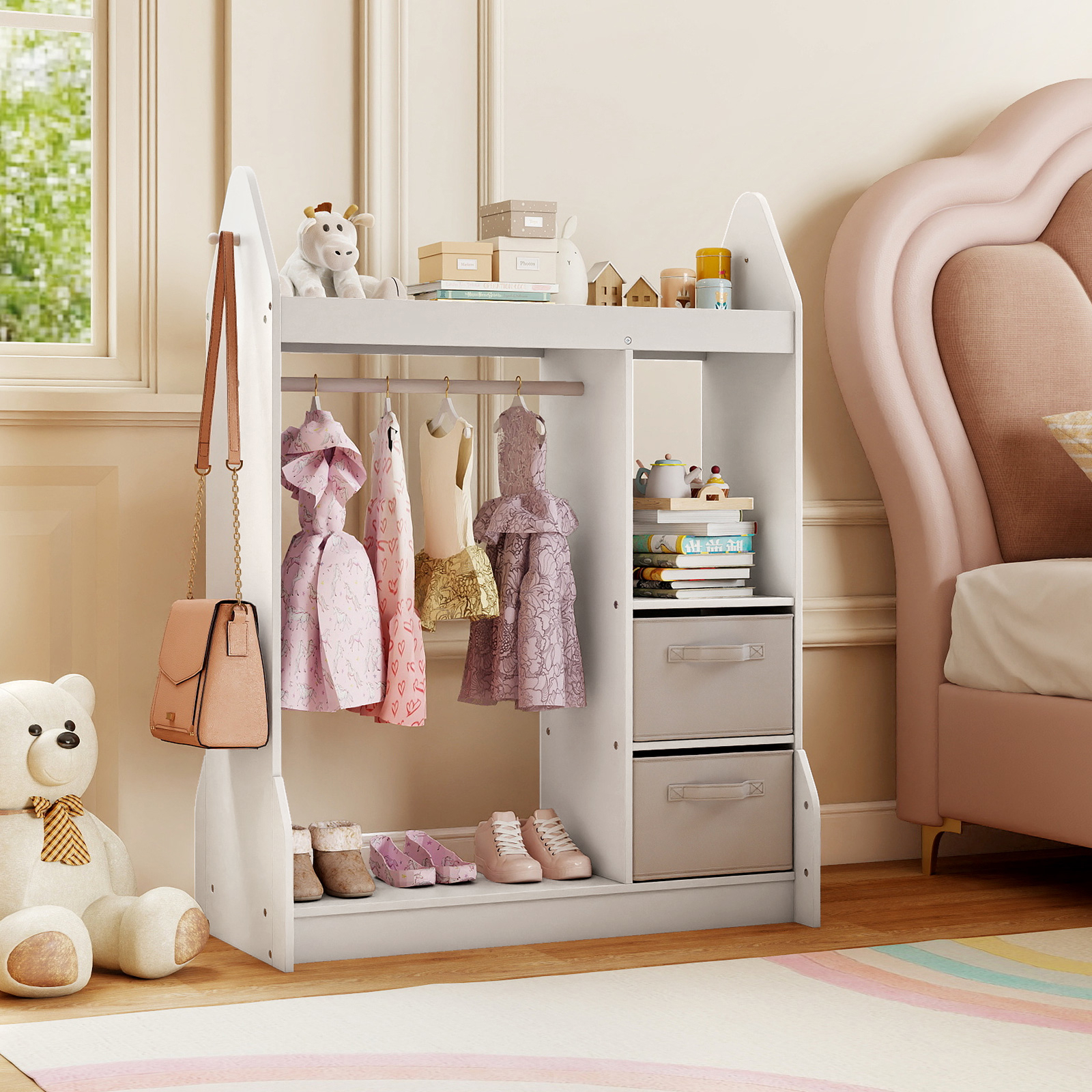 Children Storage Cabinet, Kids Armoires With Mirror, Clothes Rack, Shelves, Foldable Fabric Boxes