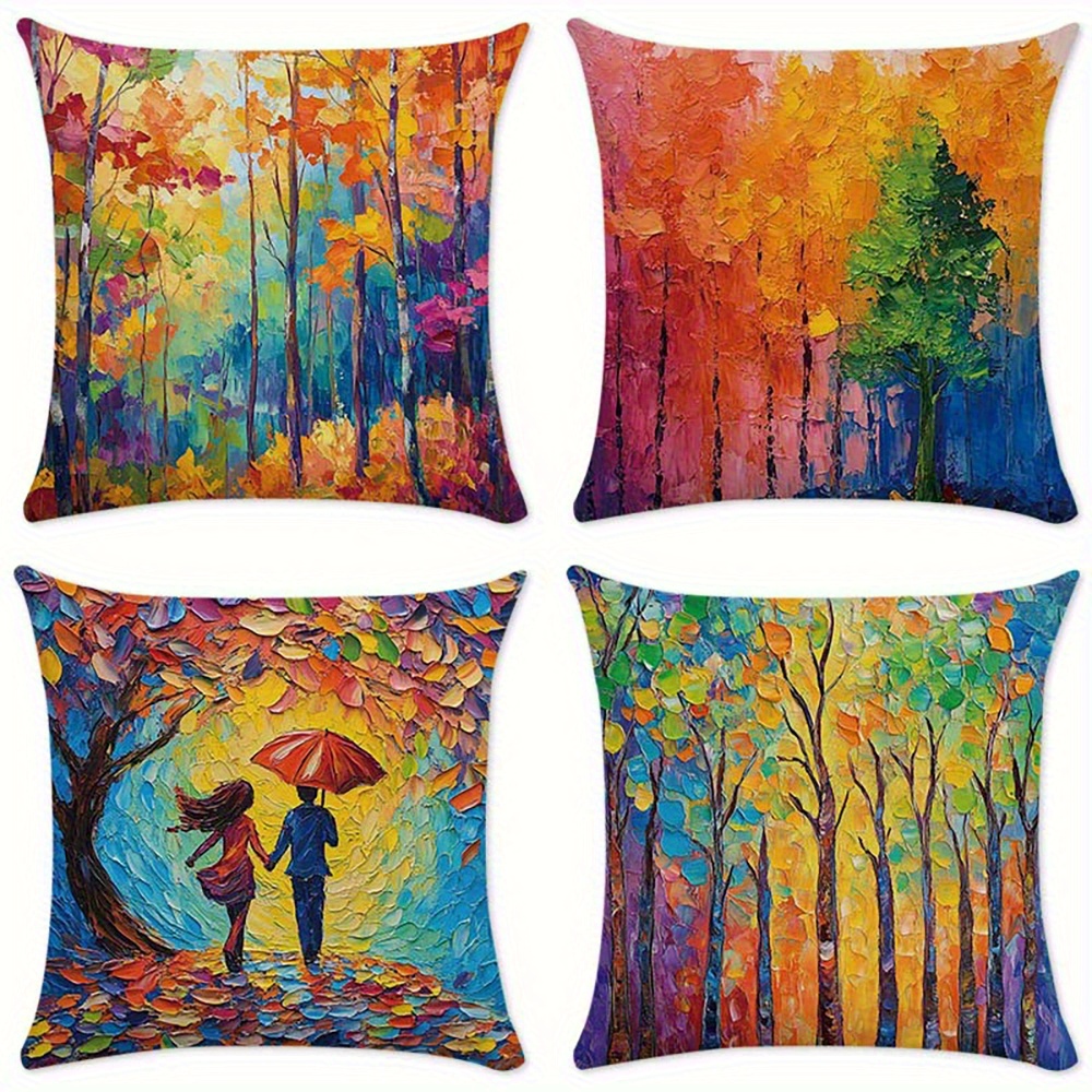 TEMU 2d Flat - 4pcs Painted Landscape Print Pillowcases, Abstract Art Pattern Cushion Covers, Square Sofa Decorative Lumbar Pillow Covers, 3 Sizes