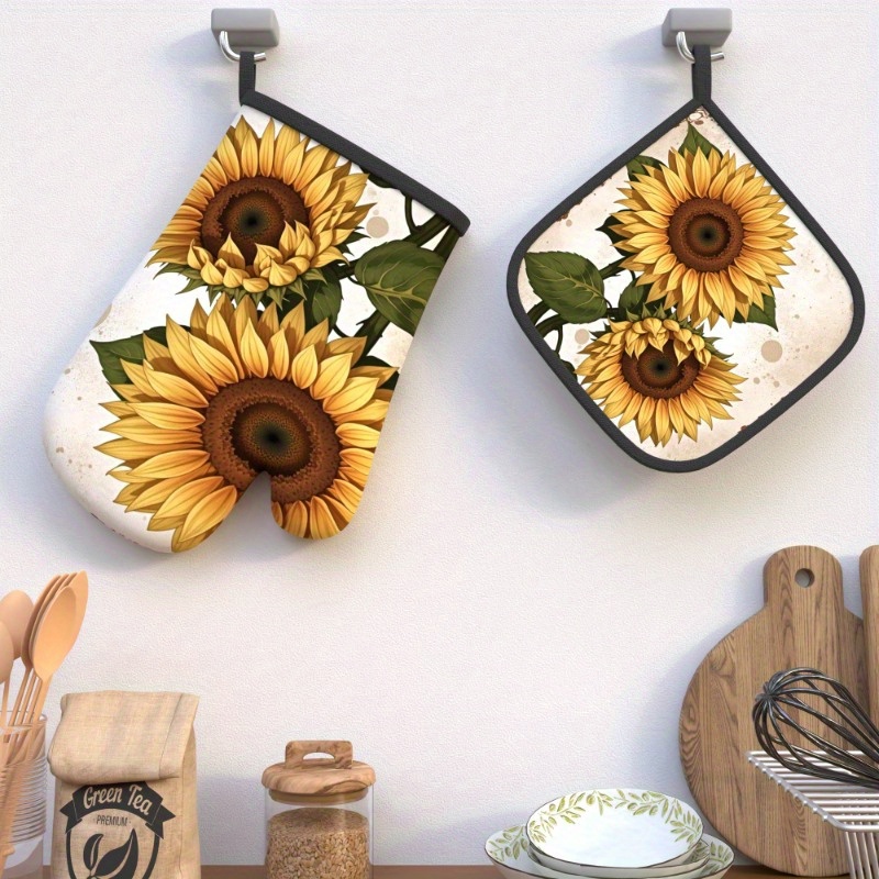 

2pcs Set Vintage Sunflower Oven Mitts & Pot Holders - 10.6x6.7" Heat Resistant, Machine Washable Kitchen Gloves For Cooking, Grilling, Baking - Gift, Decoration, Pb