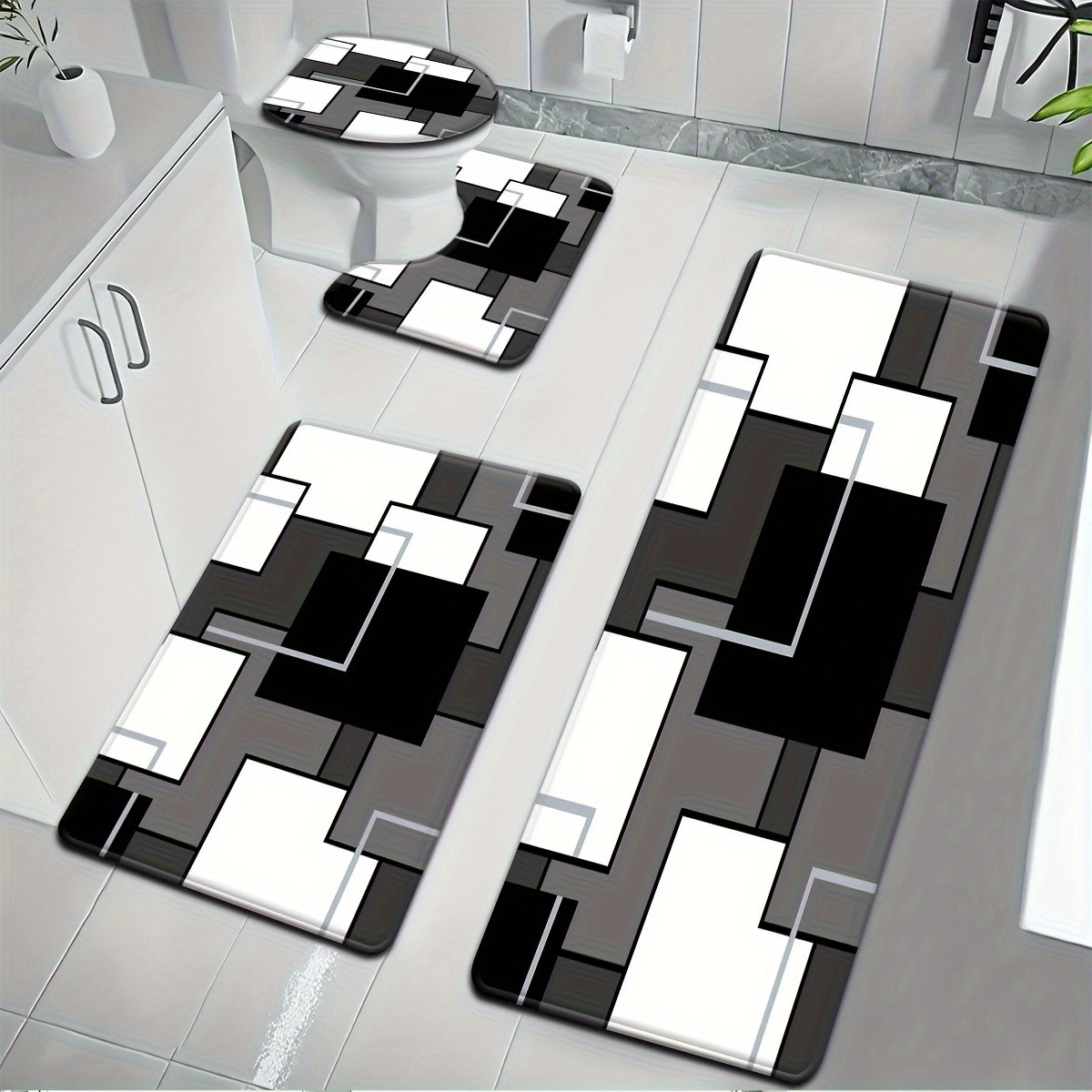 TEMU 4 pièces Tapis de Salle de Bain à Motif Géométrique - Ensemble Couvercle de Toilette et Tapis en U Décoratif