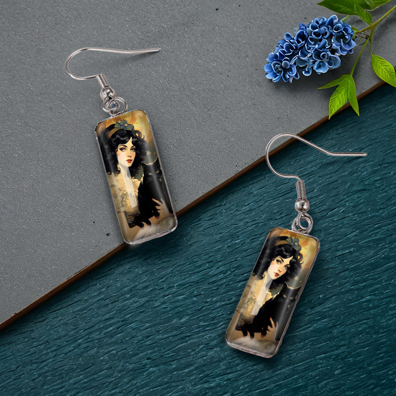 Women's Black Cat Rectangular Dangle Earrings