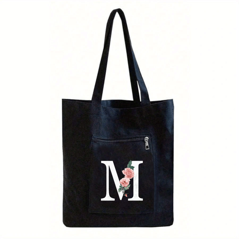 TEMU 1pc Printed With Letters A-z And Flowers Pattern Black Tote Bag, Ladies' Casual Canvas Tote Bag, Suitable For Vacation, Beach And Daily Life, Is