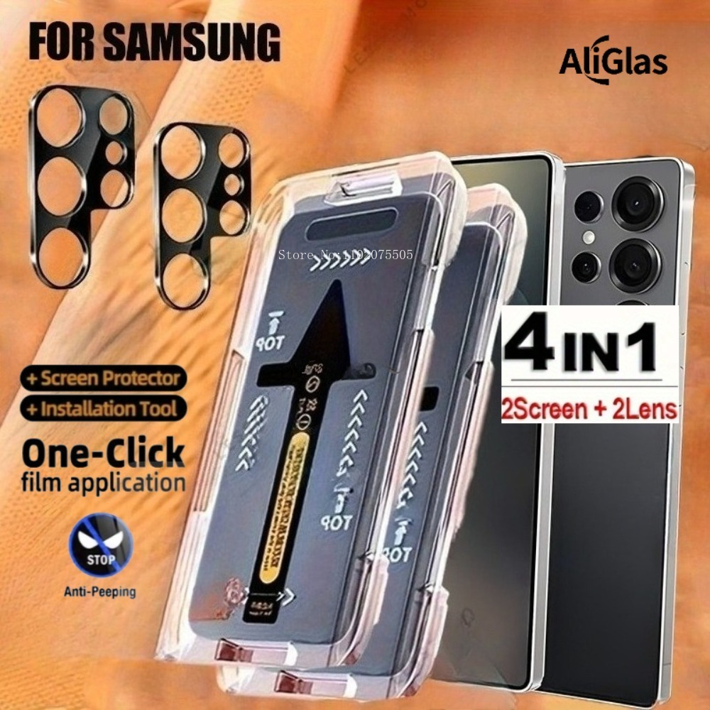 TEMU 1 Click Privacy Tempered Glass Screen Protector For For Galaxy S21, S22, S23 Ultra, Including 2pcs Of Privacy Glass And 2 Camera Lens Protectors