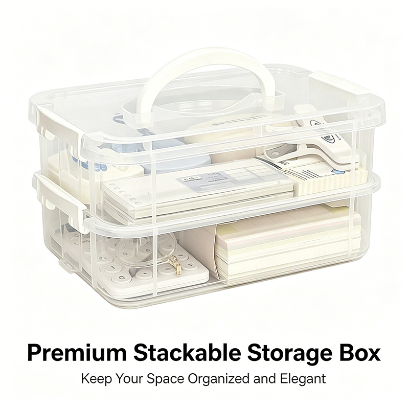 item picture 2 1 tier stackable clear plastic storage organizer with lid   2 base trays and 1 cover large capacity multipurpose household storage bin for cosmetics stationery kitchen and desktop   space saving container