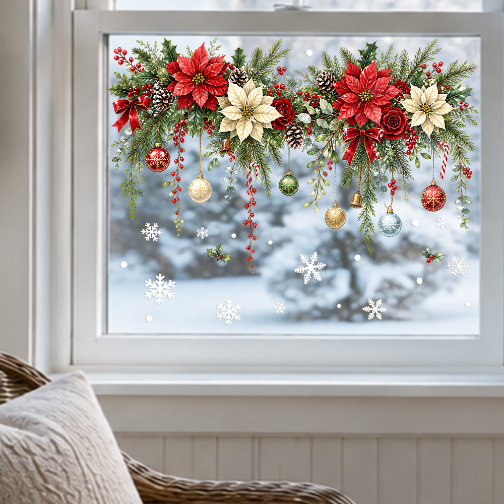 TEMU 2er-Set Elegante Weihnachts-Fensterbilder mit , mit baumelndem Kiefernzweig-Blumenkorb, -Ornament, doppelseitige hängende Vorhang-Glasaufkleber,