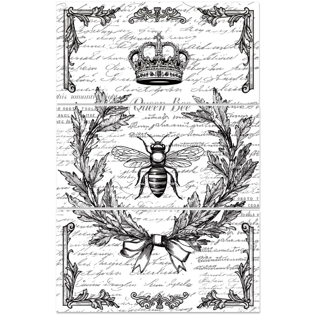 TEMU 3 Sheet Rub On Transfers For Crafts And Furniture 11.8x5.9inch Bee Crown Bow Tie Pattern Wall Decals Vintage Black And White Bee Transfer Decals