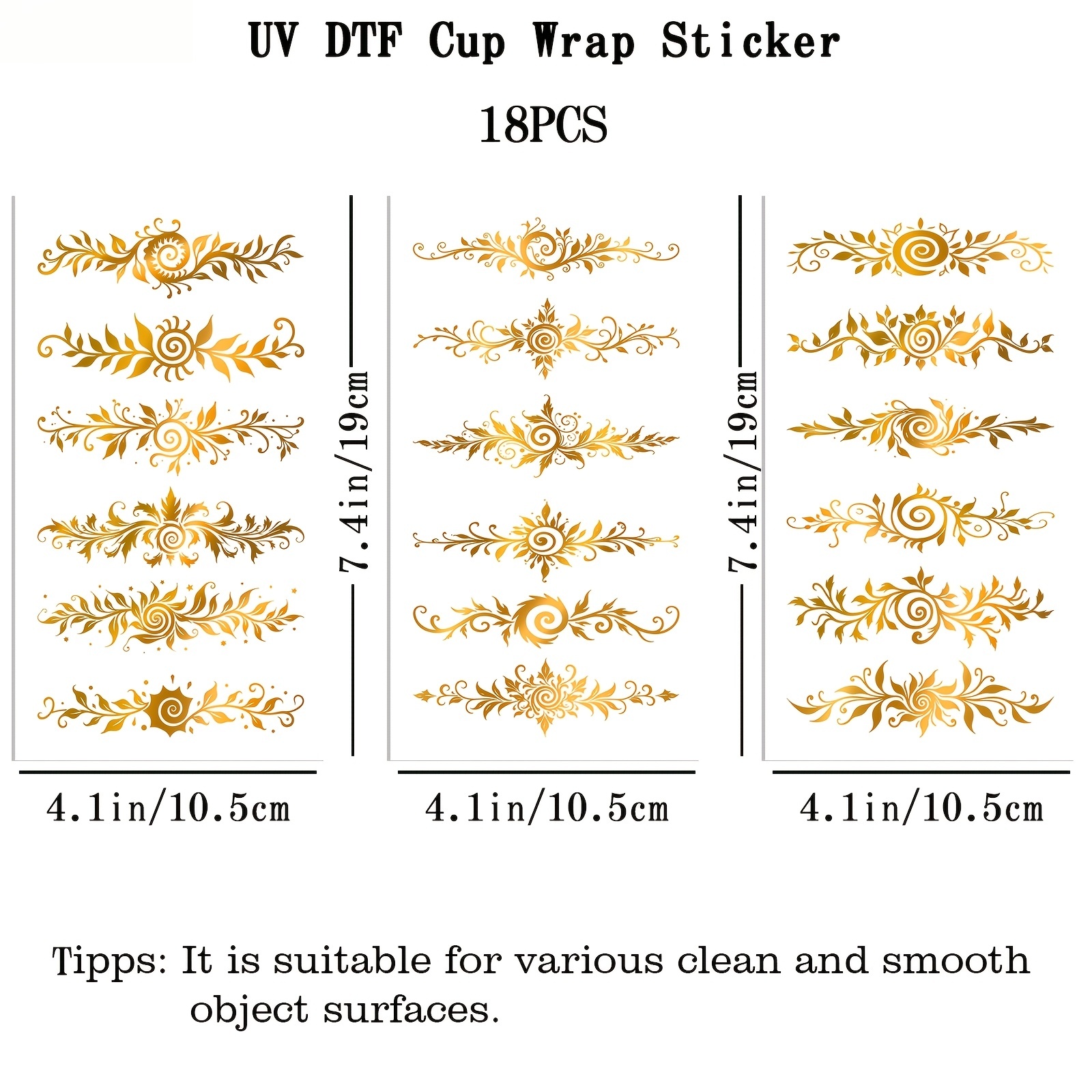 TEMU 18pcs Golden Vine Pattern Uv Dtf Waterproof Transfer ; Suitable For Glass Cups, Mugs, And Smooth Surfaces ( , Cups Not Included)
