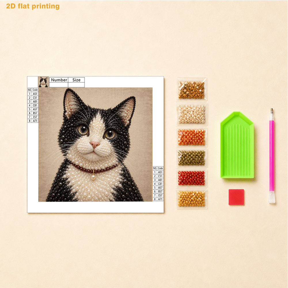 TEMU 2d Flat Printing, Pearl Art Kit - Black And White Cat With Red Necklace Pattern, Includes Round Pearls, Clear Symbols, Complete Tool Set And