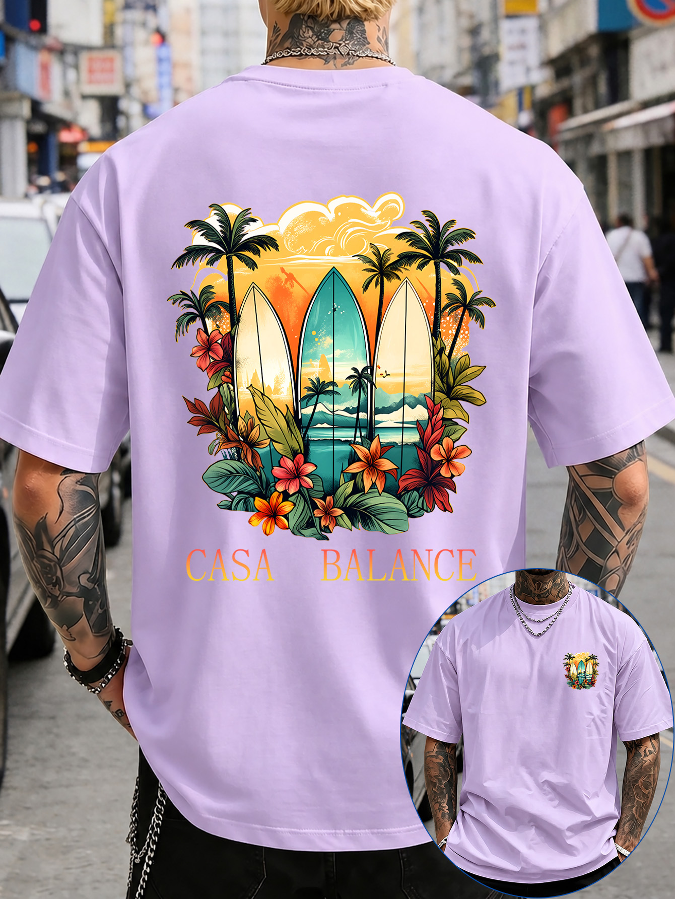 mens summer beach   print t shirt surfboard palm tree and   pattern casa balance lettering   distressed style niche design versatile and flattering suitable for daily wear dates travel camping