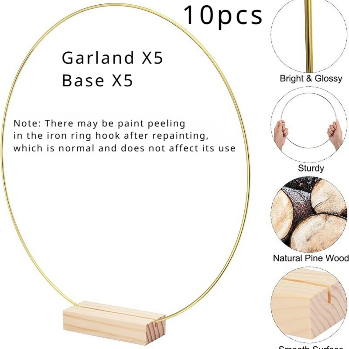 TEMU 10pcs Golden Metal Floral Hoop Centerpieces With Wooden Stands - Diy Wreath Rings For Wedding, Party & Birthday Decorations, Manufactured Wood, No Electricity Needed