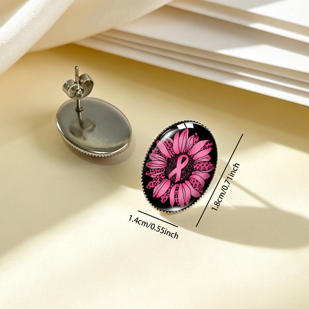 Pink Sunflower Ribbon Pattern Oval Stainless Steel Stud Earrings
