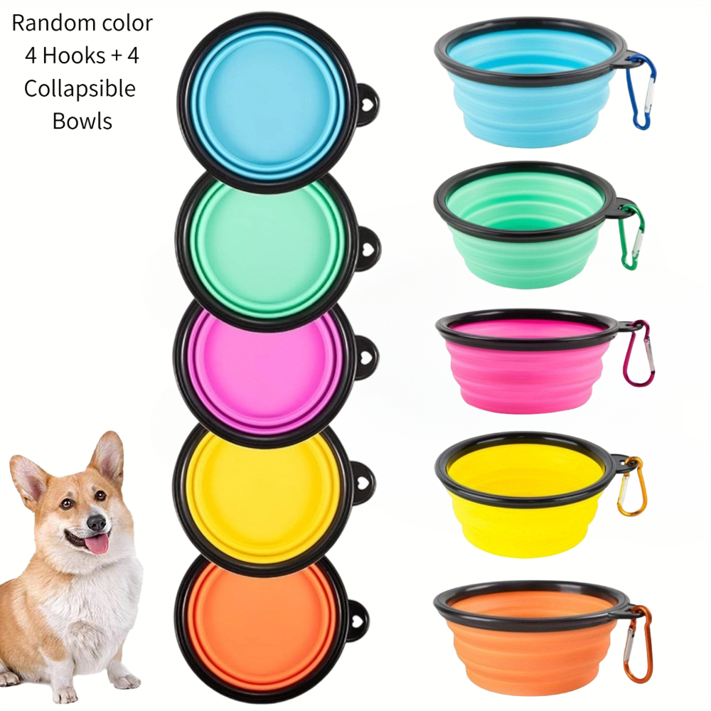 TEMU 8pcs- Collapsible Pet Feeding Bowl, Random Hooks+ 4 Collapsible Bowls, Washable Reusable Dog Water Bowl With Carabiner, Portable Travel Hiking