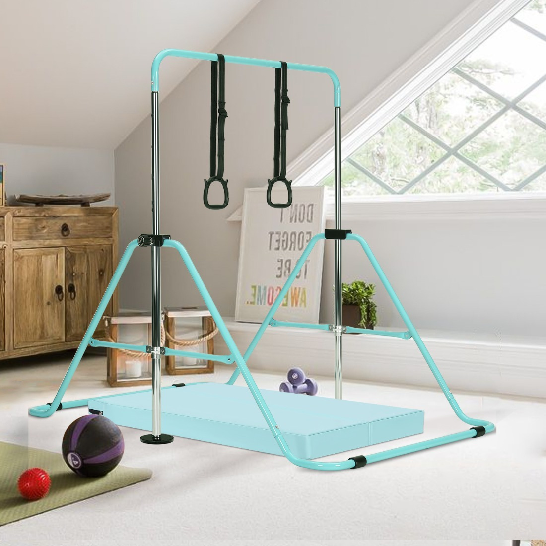 Adjustable Gymnastics Training Bar For Home Use, Complete With Grips, Wristbands, Ground Nails, And An Exercise Mat