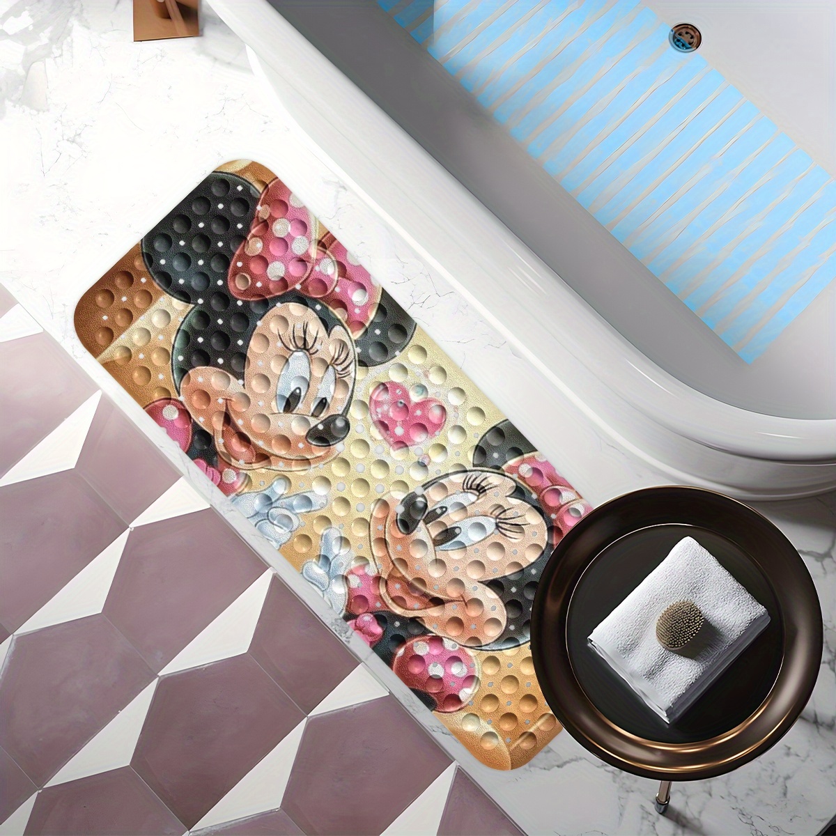 disneys   mouse bath mat features   hearts and bubbles set against a warm colored background in a cartoon style this non slip mat measures 40 100cm 15 7 39 3 inches and provides a comfortable water absorbent surface for your bathroom Product details 9