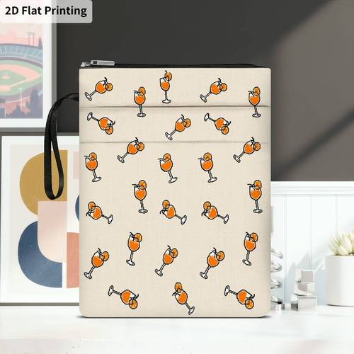 1pc orangedrinkglasses print book cover with zipper closure book protector storage bag front pocket for students teachers office supplies