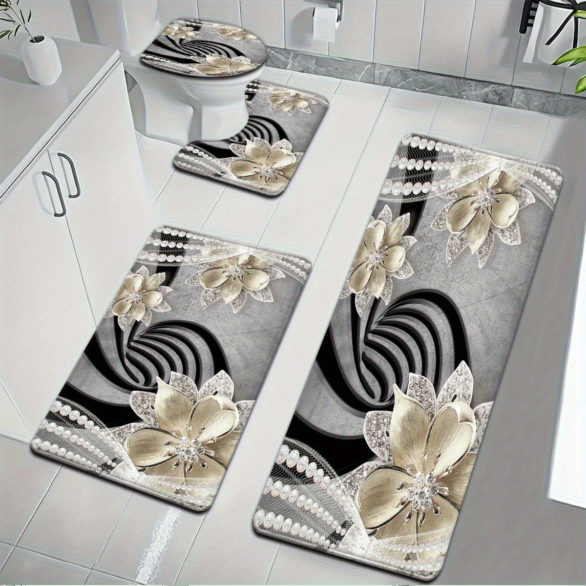 TEMU A Set Of 4 Gray Base Pearl Diamond Patterned Bathroom Mats, Including A Rug Set, Toilet Lid Cover, And U-shaped Bathroom Decorative Foot Mats