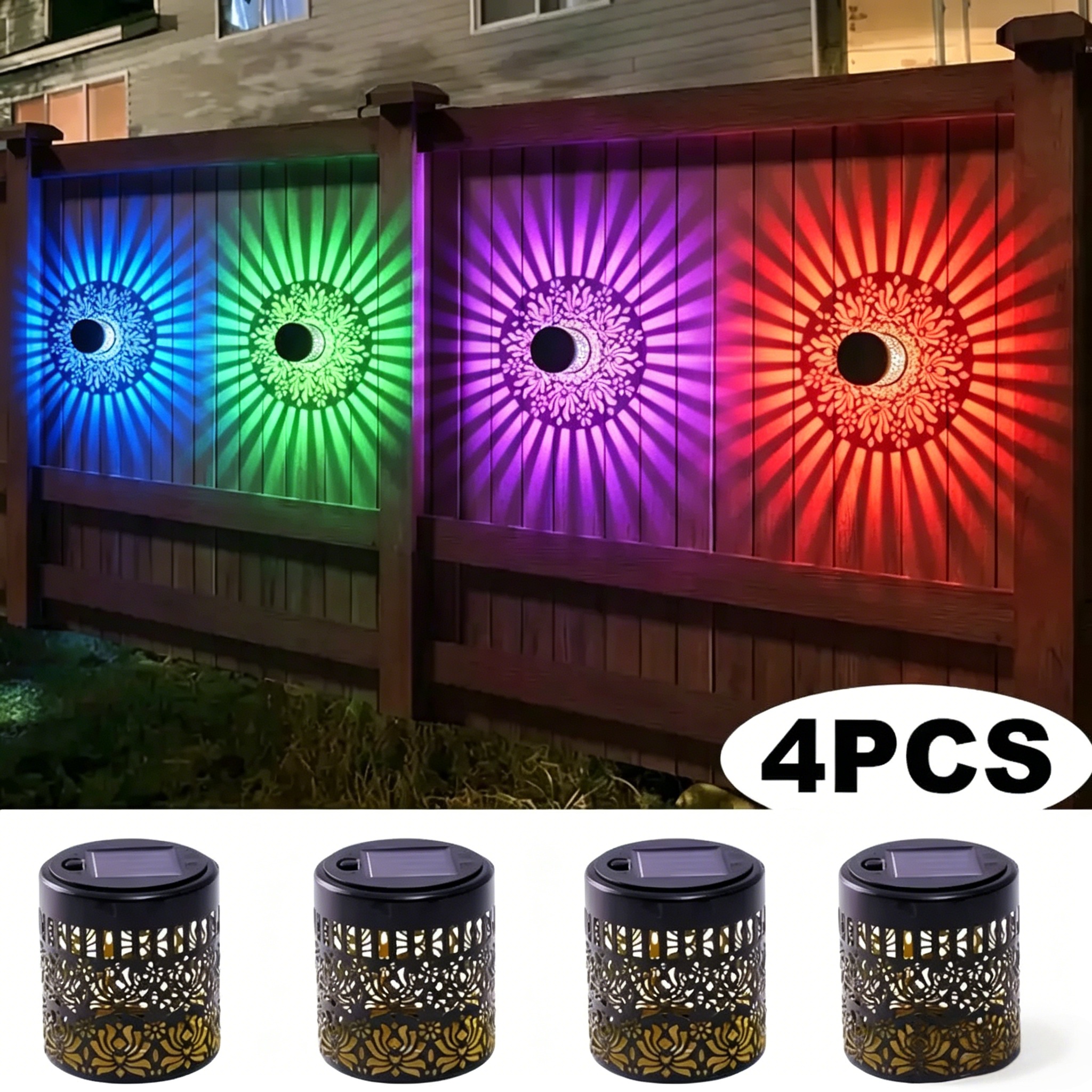 TEMU 4pack Solar Lights, Color Changing Mysterious Peony Hollow Metal Lights, Perfect For Wall, Farm, Porch, Fence, Lawn And Tabletop Ambient
