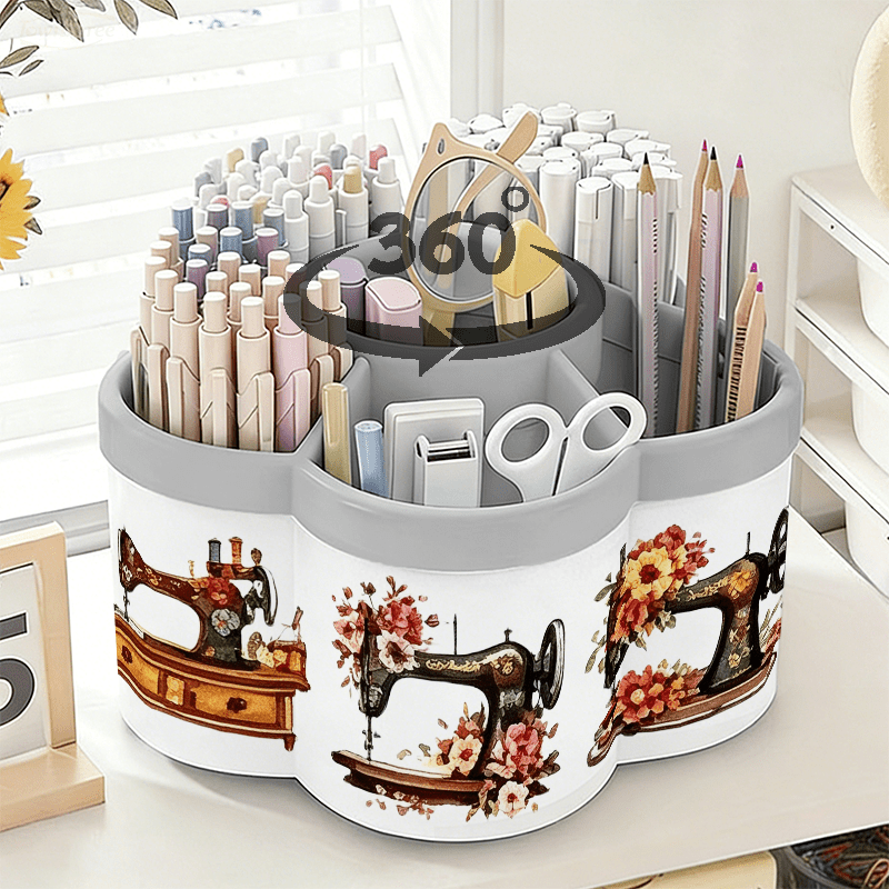TEMU Rotatable Pen Holder And Cosmetic Storage Box | Retro Sewing Machine Decorative Sticker - 360° Rotating Convenient Desktop Organizer | Large