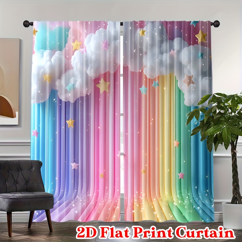 TEMU 2d Flat, 2pcs 2d Flat Printing Curtains, Two-dimensional Flat Design, 2pcs Set Of Colorful Cloud And Patterned Curtains, Artistic Decorative