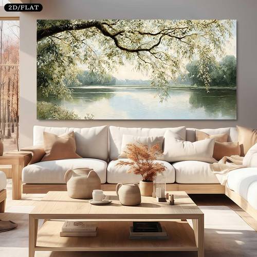 2d flat 1pc large frameless canvas wall art modern minimalist beige green river mural print suitable for living room bedroom office decor natural housewarming gift easy to hang for spring summer 2d flat