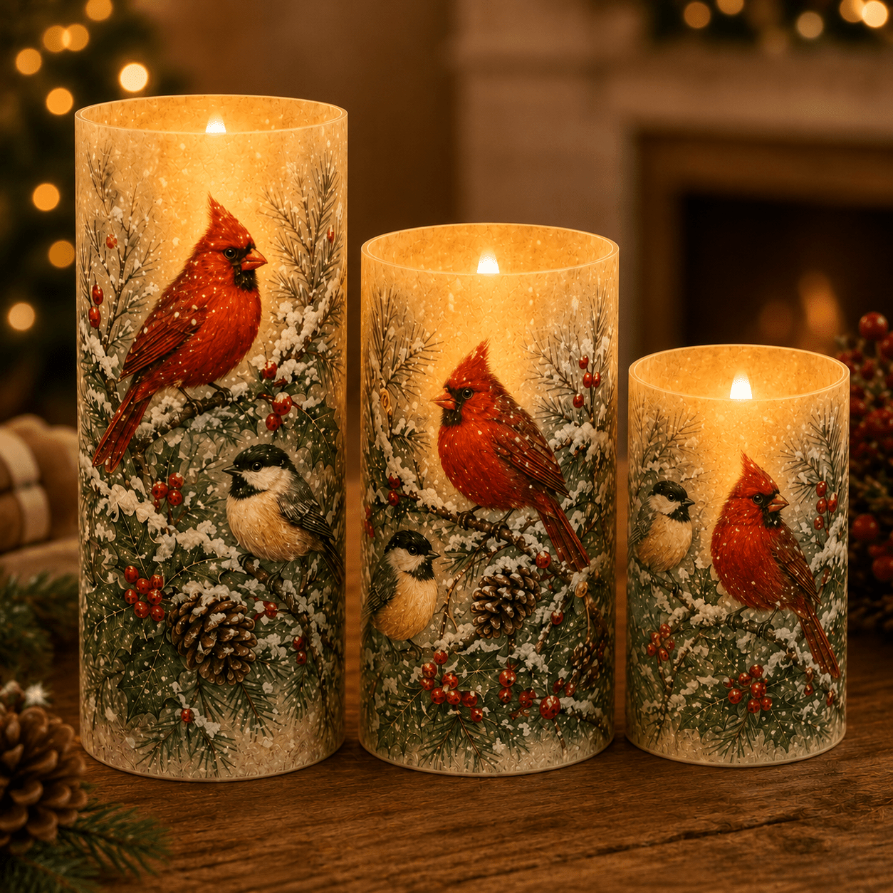 TEMU 3pcs Winter Chickadee Bird Print Flameless Led Candles Bottom Switch Realistic Flickering Christmas Home Mantel Decor