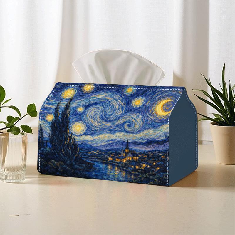 TEMU Boîte à mouchoirs Van Gogh Nuit Étoilée - Distributeur de mouchoirs décoratif imprimé en 2D avec motif d'art du ciel étoilé, porte-serviettes de