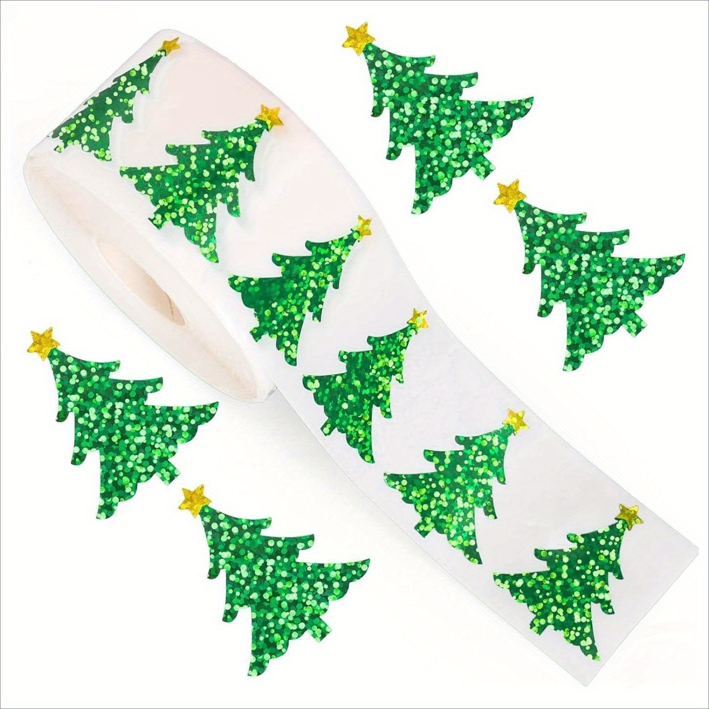 TEMU Rollo de 100 pegatinas de árbol de Navidad de 1.2 pulgadas, pegatinas de sello de árbol de pino navideño láser, , verde, impermeables,