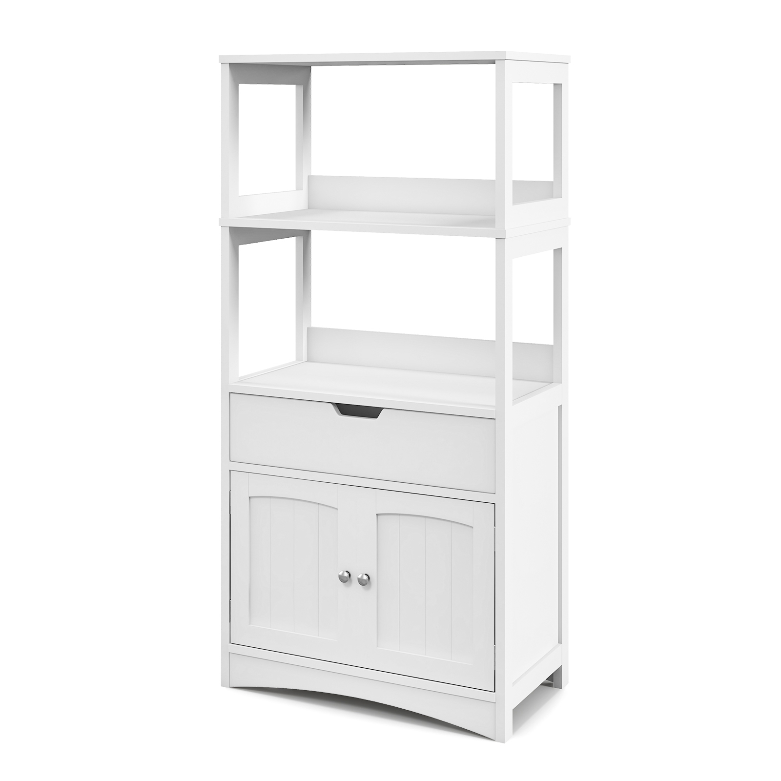 Image of 122cm Freestanding Bedroom Furniture, Wooden Chest Of Drawers With 3-tier Shelves, Drawer And Door, Anti-tip Safety Design, Floor Dresser For Bedroom And Living Area, White