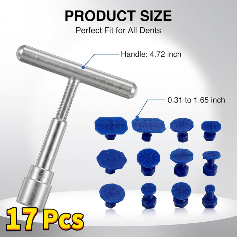TEMU 17-pack (buy 17, Get 2 Free) Car Dent Repair Tool T-handle Puller And Suction Cups Paintless Dent Repair Kit For Hail Damage Universal Most Cars
