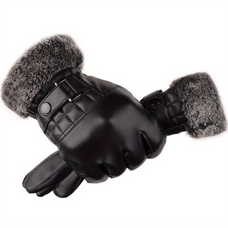 Image of 1 Pair Of Men's Winter Warm Gloves, Thick Gloves, Pu Synthetic Leather Outdoor Gloves, Full Finger Gloves, Men's Gloves, Christmas Gift, Suitable For Holiday Gifts, Thick And Plush Warm Outdoor Gloves