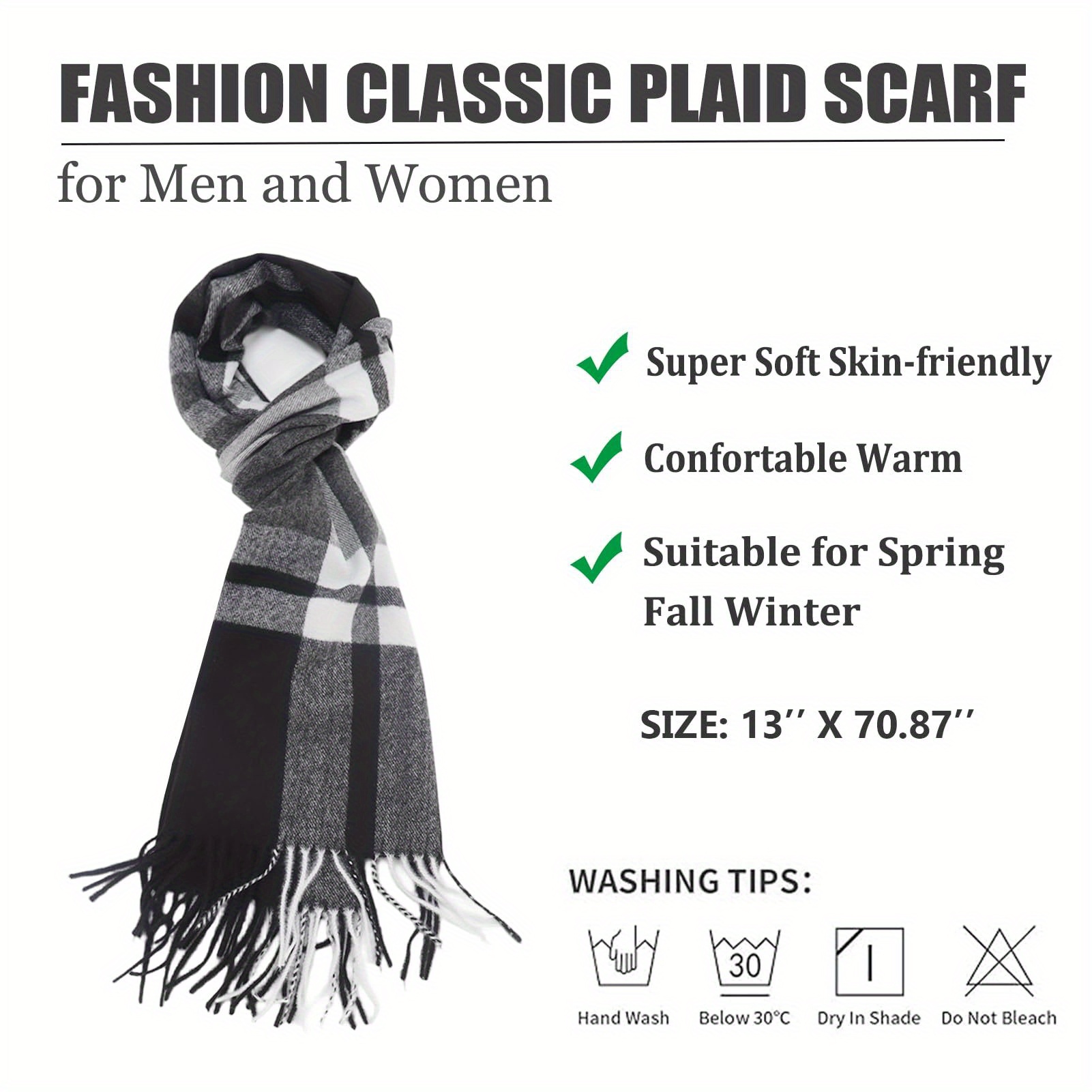 Écharpe à carreaux pour homme, hiver chaud et doux, motif tartan classique noir et blanc, couverture et châle polyvalents pour l'automne, l'automne et l'hiver, lavable en machine, cadeau de Noël, d'Action de Grâce et du Nouvel An pour lui, accessoire confortable et durable pour les tenues décontractées et formelles.