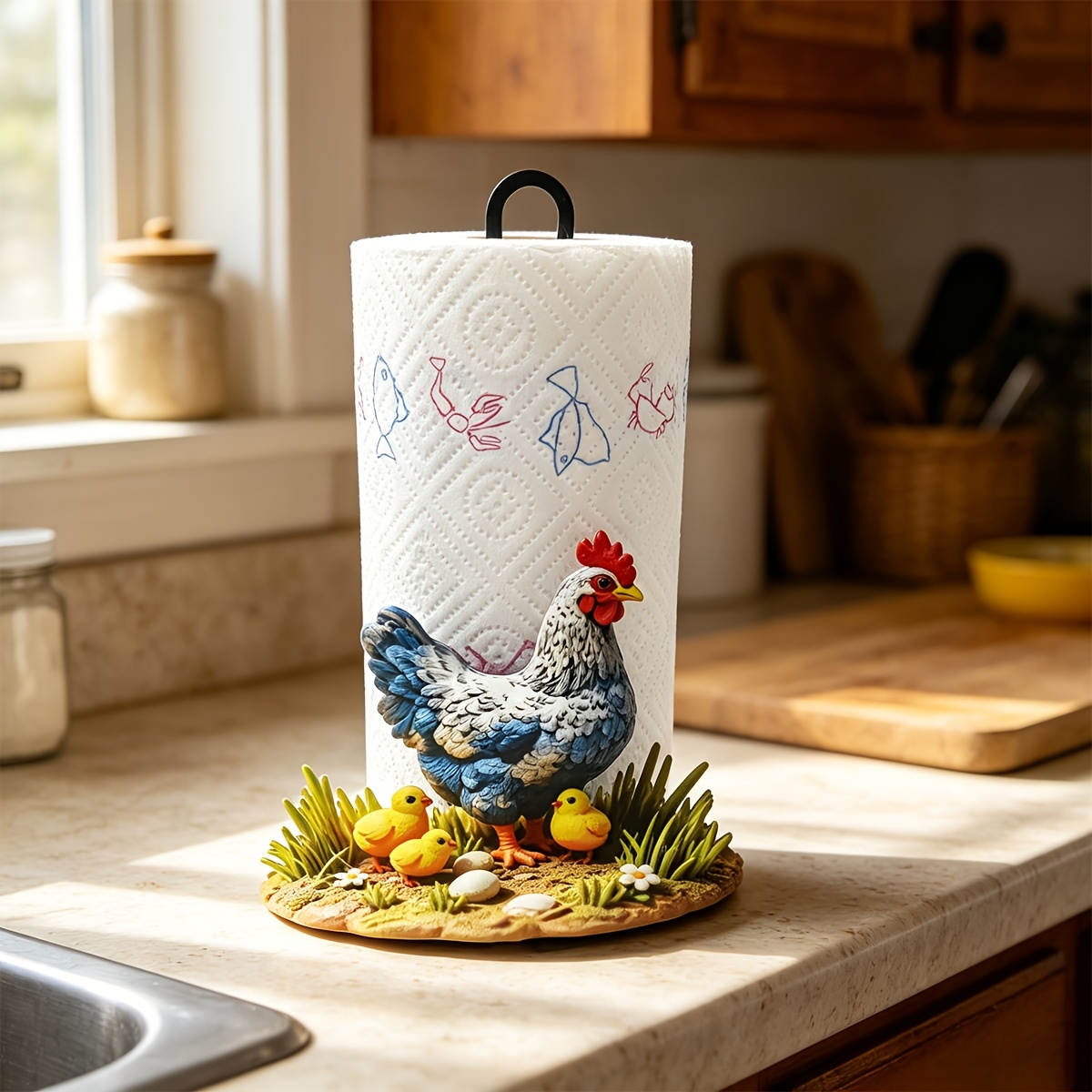 TEMU 2d Flat Design, A Colorful Rural Hen With Chicks Tissue Holder, Made Of Plastic, For Upright Countertop Storage, , Suitable For Kitchens, Living