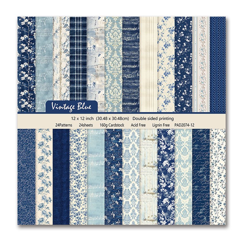 E-shop 24 Blatt Vintage Blaues Blumenmuster Chinesischer Stil Blau und Weißes Porzellan Papier, Doppelseitig, 12X12 Zoll, Mit Verschiedenen Mustern,