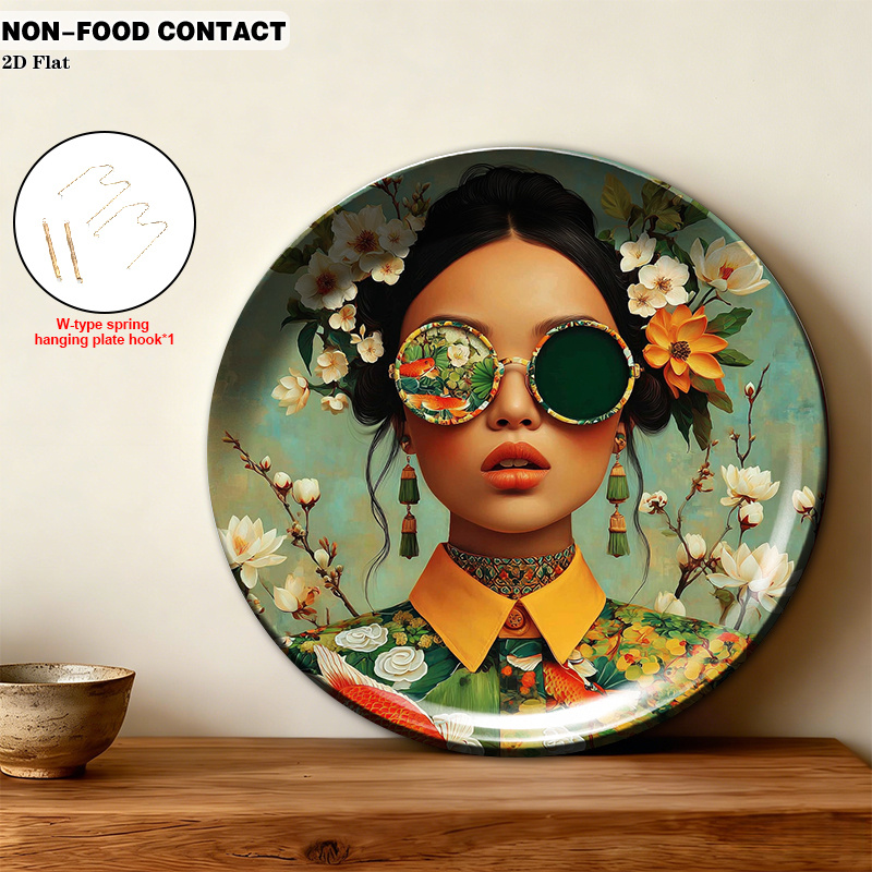 TEMU 1pc Forjn Ceramic Decorative Plate Suitable For Decorative Purposes Only, Non-food Contact Round Wall Plate With Floral & Portrait Art, Elegant
