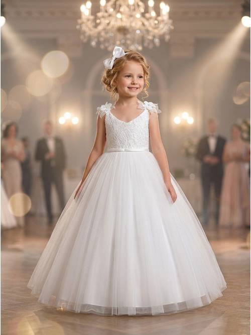 girls white lace flower strap v neck back bow long lace princess girl dress dress birthday tutu for church birthday party easter childrens day