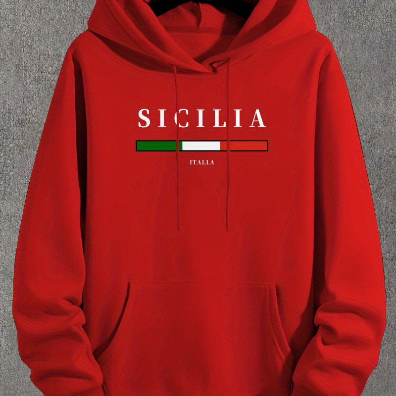 

Men' Hoodie With Sicilia Print, Casual Pullover Sweatshirt With Kangaroo Pocket, Regular Fit, Polyester Knit, Stretchy Fabric, Streetwear Style For Fall/winter