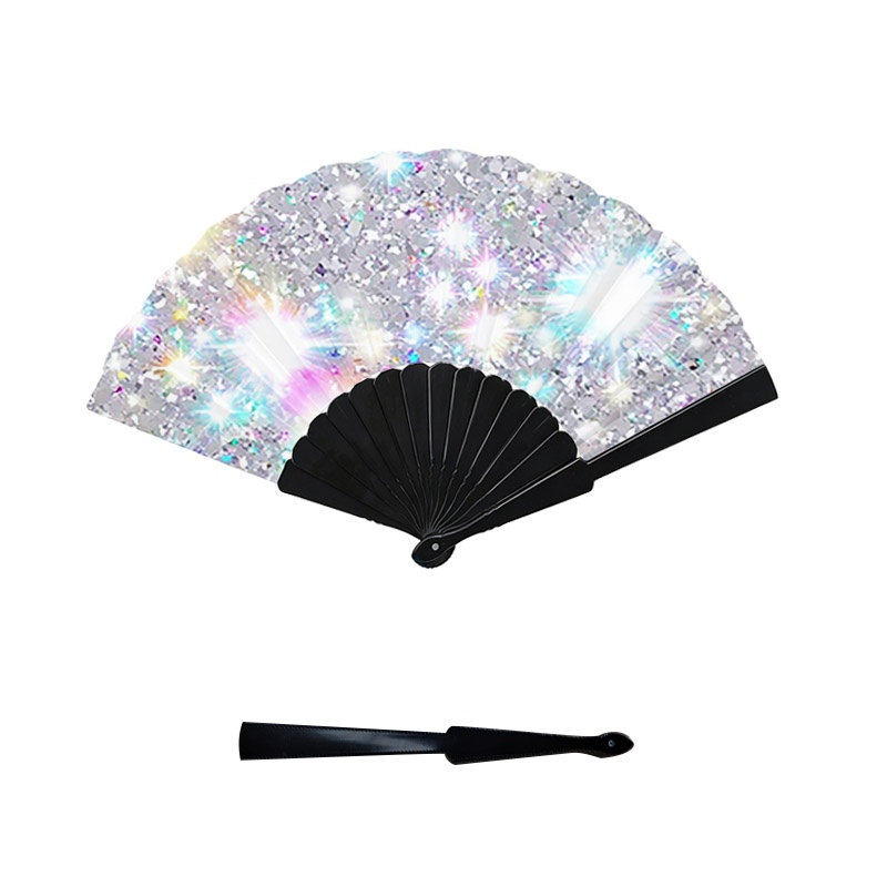TEMU Vintage Bohemian Style Handheld Folding Fan, 2d Printed Pattern, Shiny And Colorful Sparkling Starburst Print Design, 1pc Plastic Spine Handheld