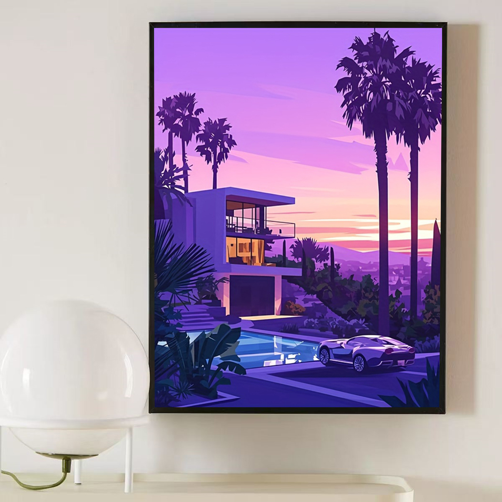 TEMU 2d Flat, 2d Flat No Frame Posters, Vintage Style Vector Art Canvas Prints - Mid-century Modern Home, , Palm Trees, And Cars, Fun Frameless
