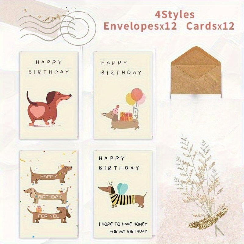 24pcs Solid Theme Birthday Greeting Cards With Envelopes, 4 Styles (dachshund Illustration, Pastel Background, Humorous Text), Premium Cards For Special Occasions, Includes 12 Envelopes
