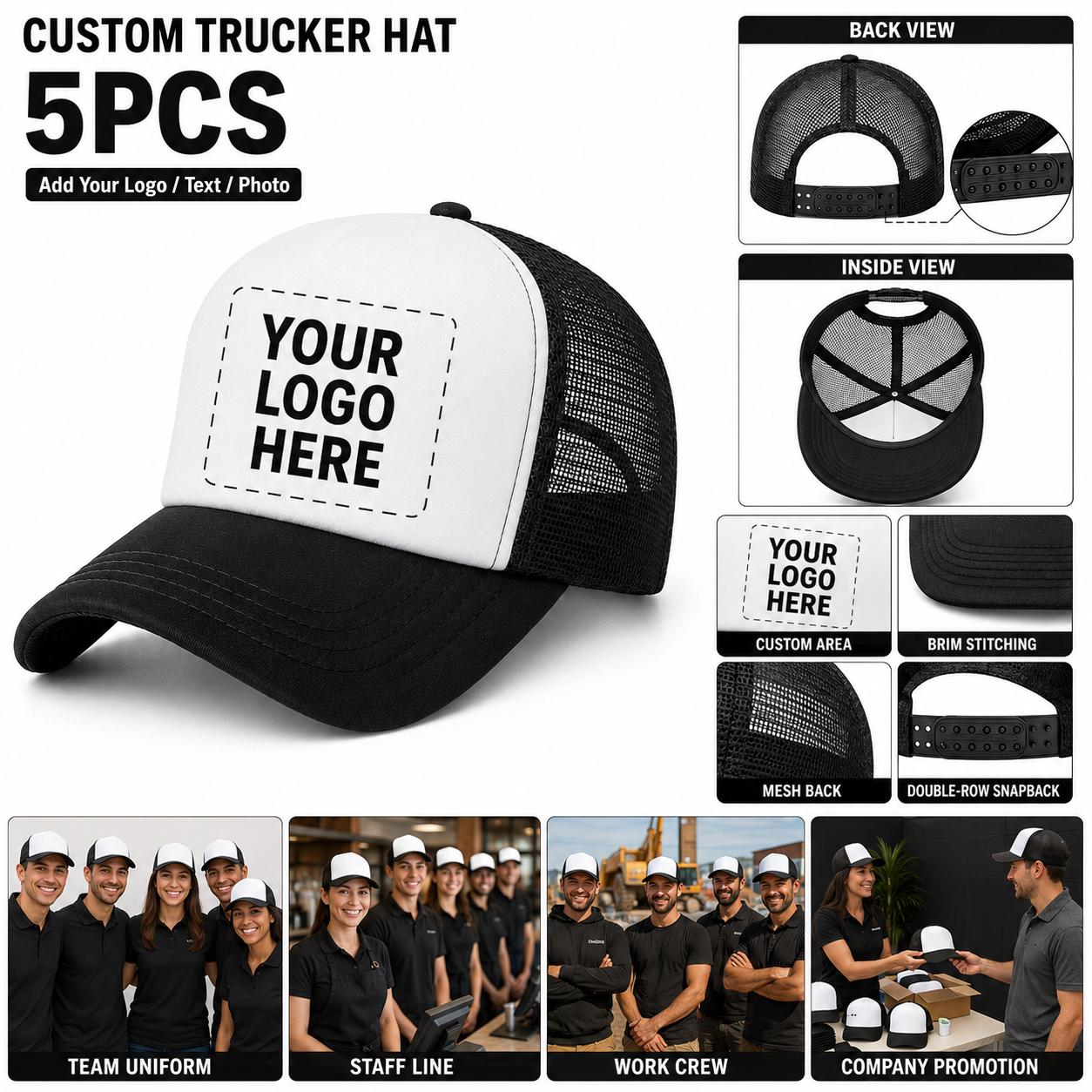 TEMU 5pcs Personalized Custom Baseball Caps, Mesh Trucker Hats, Custom Text, Personalized Print Design, Adjustable Size, Breathable And Lightweight,