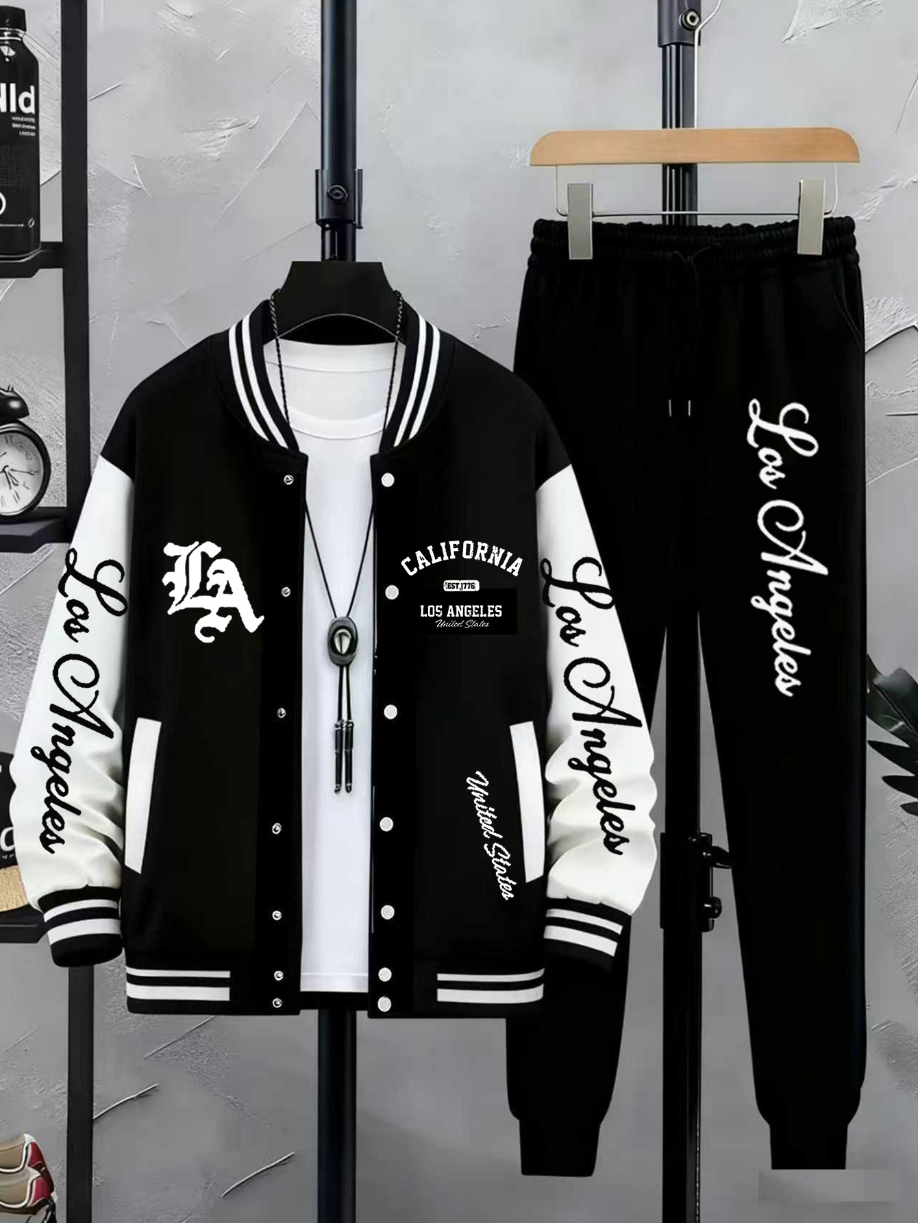 A Stylish Two-Piece Set for Men Featuring a Baseball Jacket with LA Lettering Print, Capturing The Trendy Essence of Los Angeles, Paired with Casual Fashionable Long Pants. - Image 4