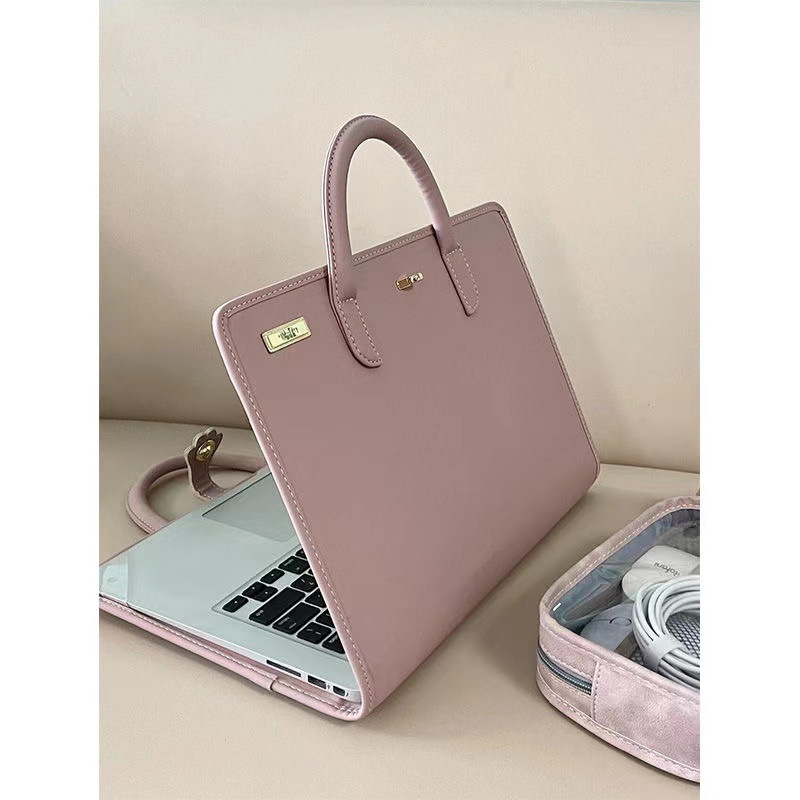 

1pc Elegant Pink Leather Laptop Sleeve, Portable Computer Case With Handle, Protective Cover For Notebook