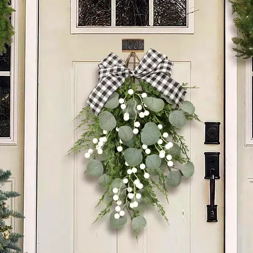 1 pack 20 artificial pine teardrop wreath with white berries christmas decoration for front door indoor outdoor use no battery required electricity free plastic holiday greenery
