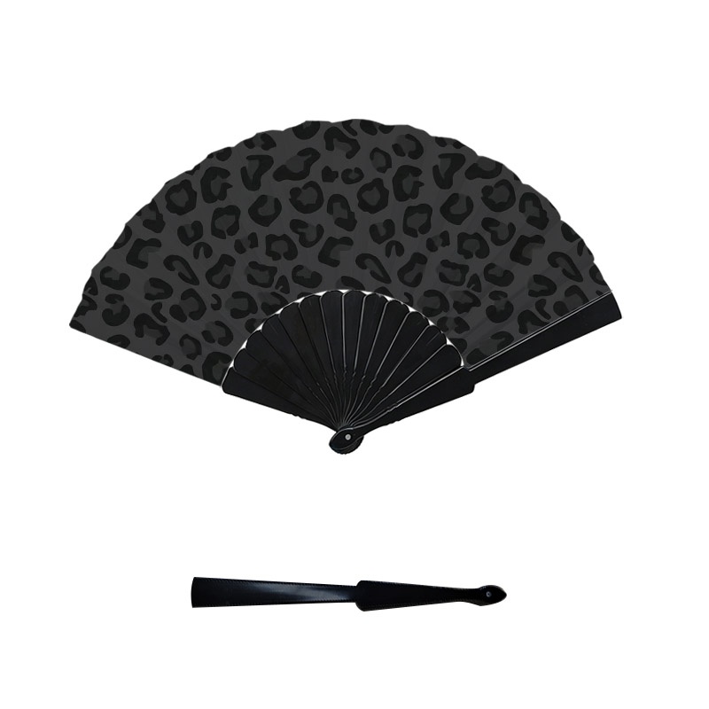 TEMU 2d Flat, 1pc 2d Single-sided Printed Leopard Print Handheld Folding Fan, Dark Gray Base With Black Spots Seamless Print Design, Lightweight