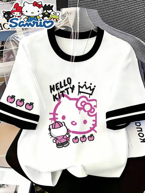 изображение предмета футболка с контрастным круглым вырезом и рисунком street graffiti kitty, повседневная спортивная, машинная стирка, универсальная для весны и , подходит для, стандартный размер