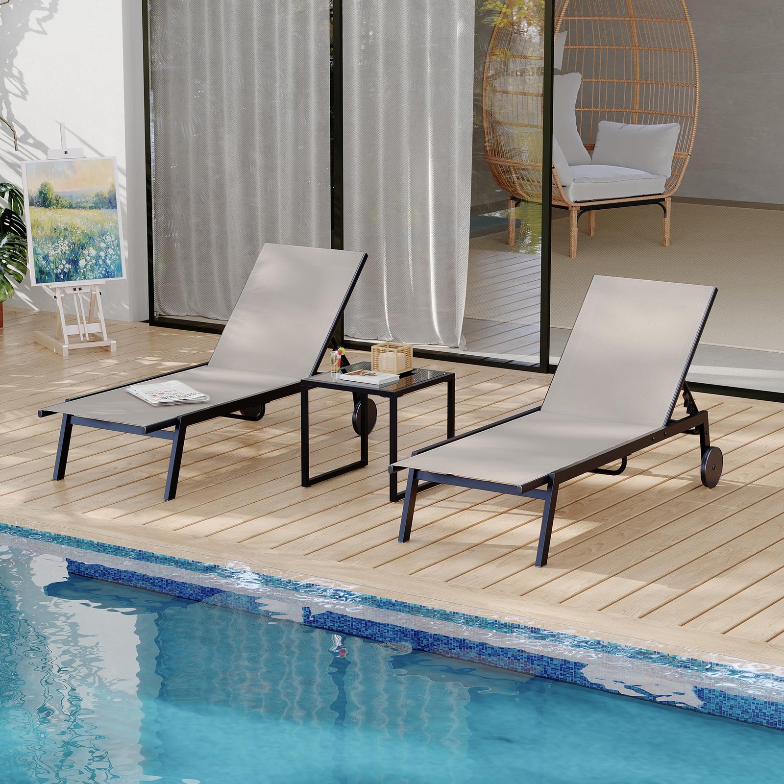 138.94cm Adjustable 3pcs Patio Chaise Lounge Chair Set with Backrest And Wheels, Outdoor Poolside Lounger Chairs with Side Table, Comfortable Reclining Patio Furniture for Garden, Deck, Lawn