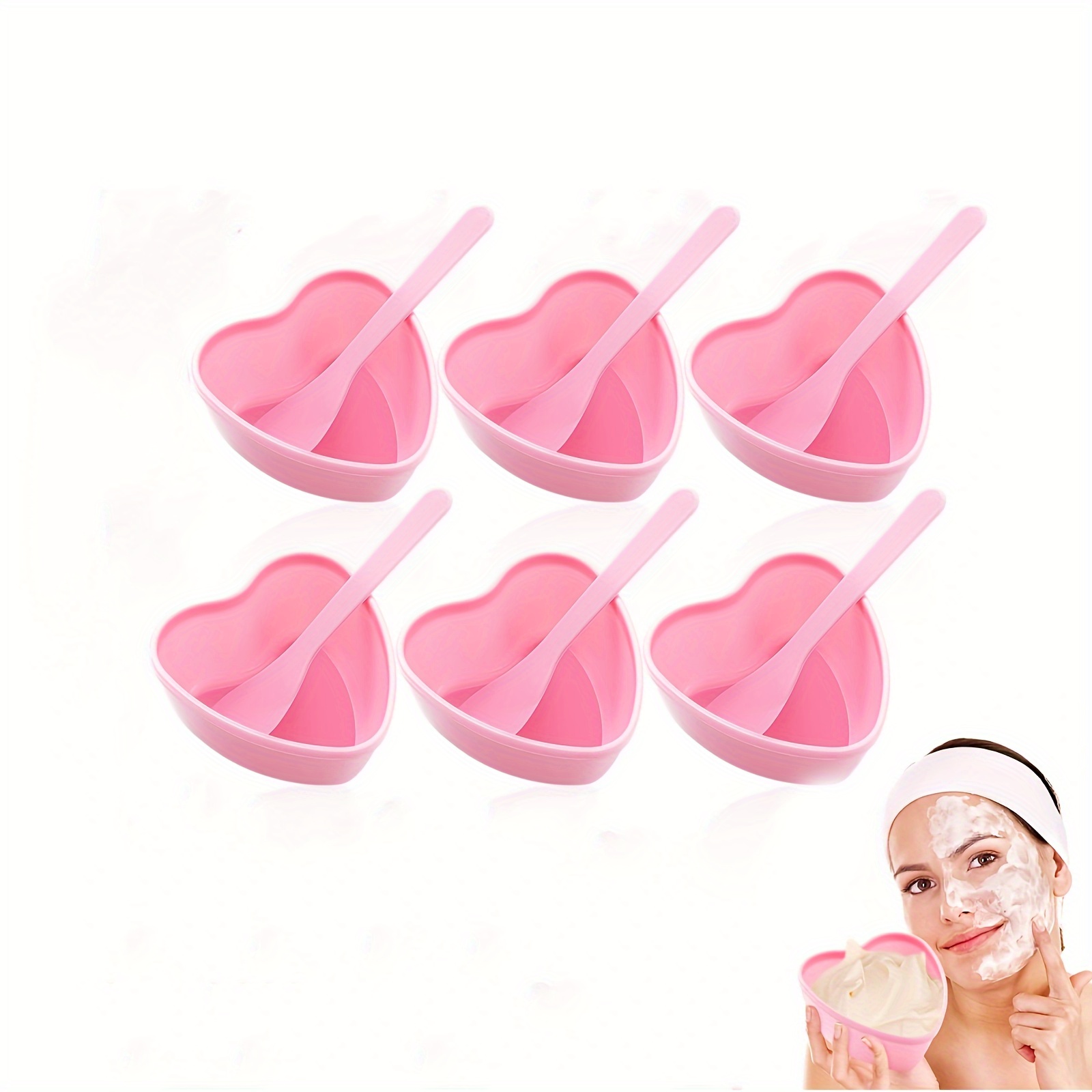 Image of 6-pack Pink Heart-shaped Facial Mask Mixing Bowls With Spatula, Plastic Unscented Diy Skin Care Tools, Esthetician Supplies For Women, Home Beauty Routine Accessories
