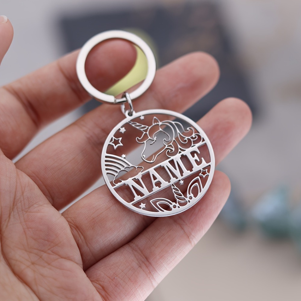 Image of Custom Chainless Keychain Personalized Unicorn Keychain - Stainless Steel Material, Custom Name Engraving, Cartoon Animal Design, Perfect Gift For Men And Women