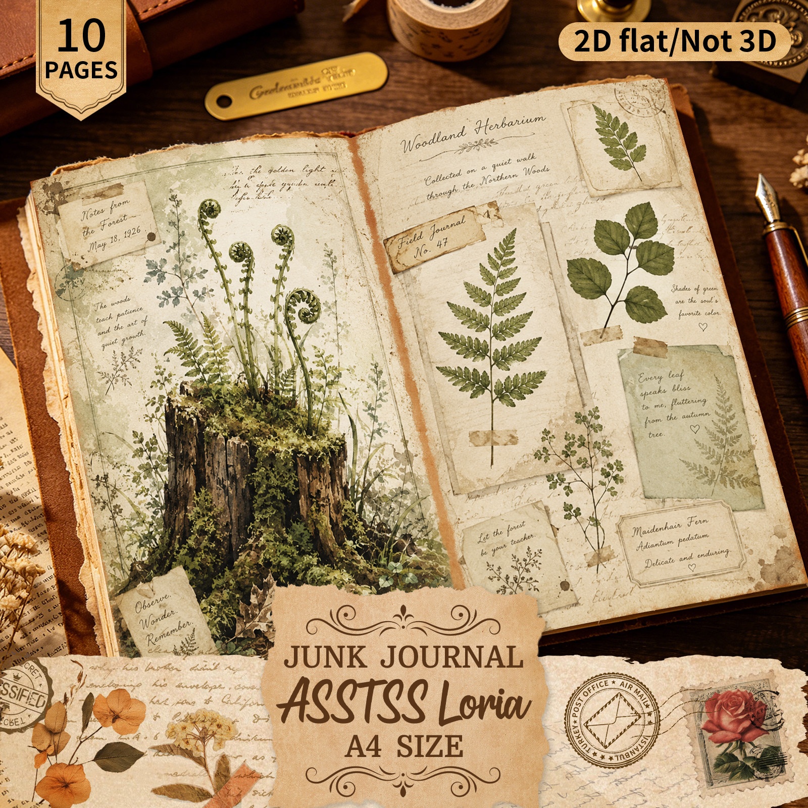 TEMU ASSTSSLORIA 10 Feuilles A4 2D Plats Aquarelle Plantes Fougères Naturelles Scrapbooking Papier Ensemble, Journal Junk Artisanal et Papier