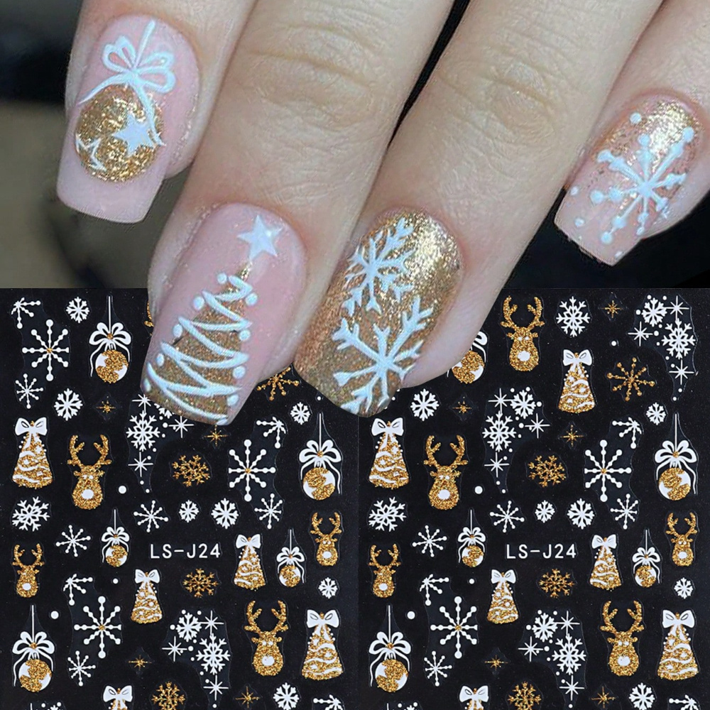 

Sparkling Christmas Nail Art Stickers - 3d Reflective Golden & Silvery Snowflakes, Reindeer & Bells Decals | Self-adhesive, Reusable Plastic Glitter Accents For , Christmas Nail Stickers